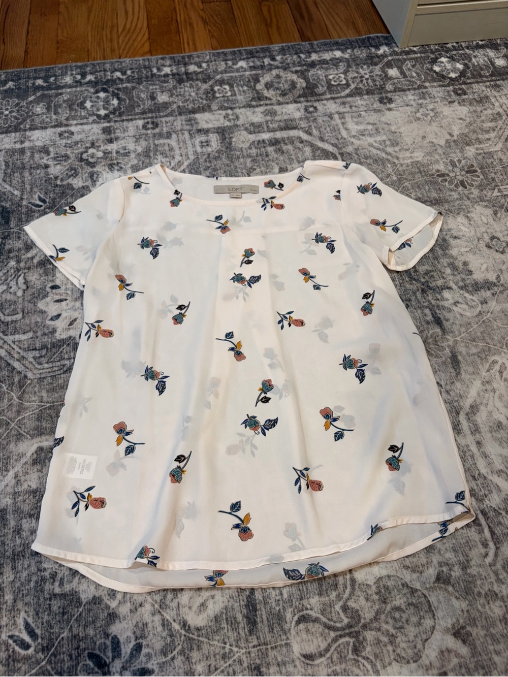 LOFT Cream Floral Short-Sleeve Blouse with Blue and Rust Accents